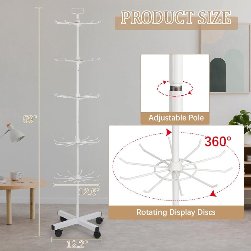 Exttlliy 5-Tier Metal Spinning Display Stand Rack with Wheels, Keychain Jewelry Stocking Hat Display Stand, White - Image 2
